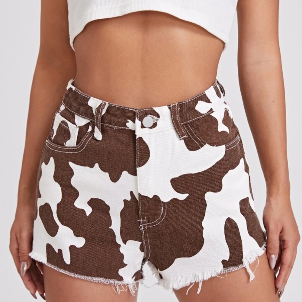 Shein Cow Print Raw Hem Denim Shorts